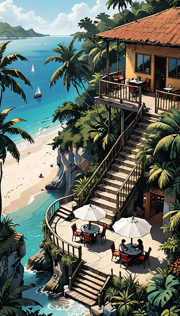 Vista superior del café tropical a la orilla del mar en la selva tropical con escaleras al mar y una terraza abierta., gente sentada en el cafe, (estilo gráfico de cómics novedosos), manos perfectas, 2d, 8k, hyperrealism, Obra maestra, alta resolución, mejor calidad, ultra detallado, súper realista, Arte hiperrealista, Alta calidad, resolución ultra alta, más detallado, muchos detalles, Detalles de extremadamente alta resolución, increíblemente realista, luz cinematográfica suave,