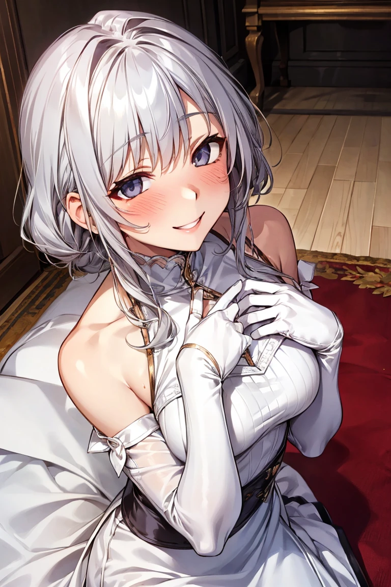 Outlook, Cute Smile, Sit on a chair, Strange Perspective, View your viewers, White sweater，Medium chest, separate color，Exposed bare shoulders, blushed，(Gray Hair), white glove，bride，Wedding Gowns