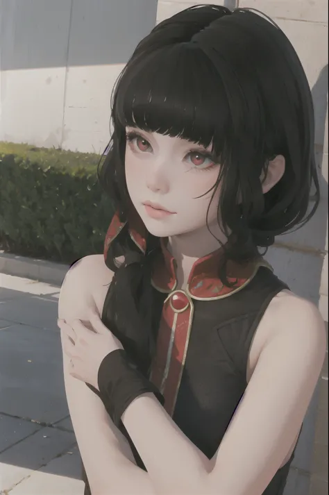 masterpiece, highly detailed, best quality, 1girl, solo, Luna, tucked short black hair, red eyes, blunt bangs