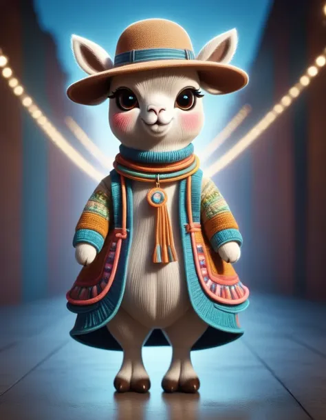 in style of Patchwork , portrait，（Cute alpaca fashion show）， Alpaca is anthropomorphized with makeup，whole body，Shooting poss，Fashion trends for summer 2024，Khaki，milky，Charming Alpaca，Enchanting Alpaca，Walking on a catwalk，Dynamic poses，Cool，Cute big eyes...
