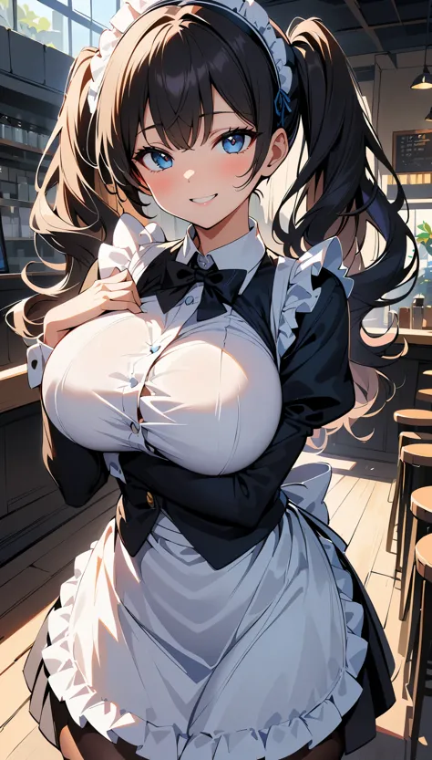 (high quality, 8k, 4K, High Contrast, masterpiece:1.2, 最high quality, Best aesthetics), Beauty, Maid, Very detailed, Seductive and erotic girl with lace headdress, smile, (Big Breasts, Black Hair, Twin tails), Focus on the face, Focus on the face, Complex ...
