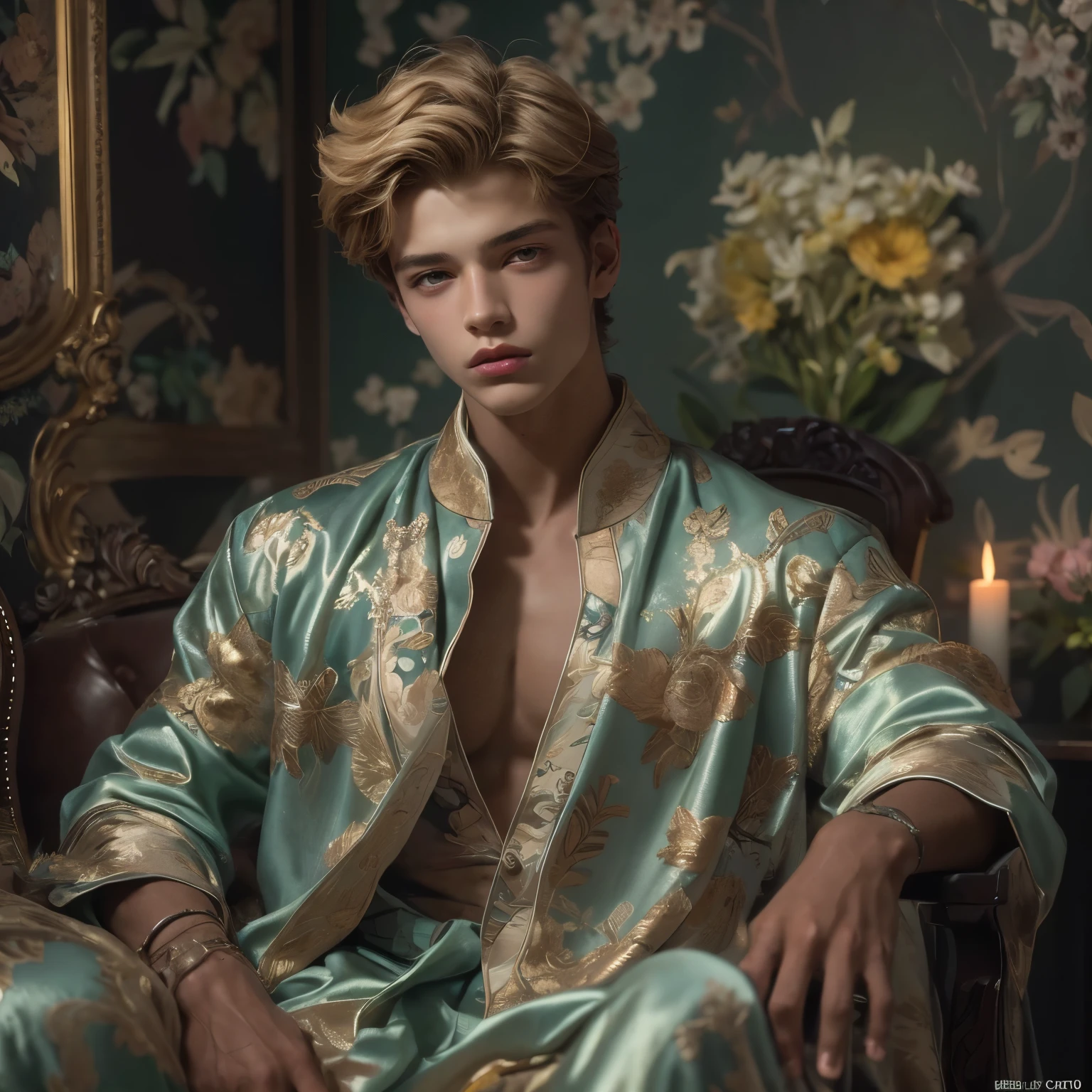 In this stunning fashion editorial photo, an attractive and charming 18-2 male model, reminiscent of a mix between Jordan Calloway, and Georgi Boyadzhiyski, captivates the viewer with his timeless allure. With features reminiscent of a Ken doll, including doll joints and plastic-like skin, he embodies a perfect blend of masculinity and delicacy.

His short blonde hair frames his delicate and symmetric face and body, enhancing his natural dark skin tone and photogenic appeal. Adorned in pajama and robe in silk-satin earth tones, he exudes sophistication and elegance against the backdrop of a luxury Victorian Oriental bedroom. The room is adorned with art-deco motifs green wallpaper and surrounded by luxury furniture and colorful wildflowers, creating a vibrant and enchanting atmosphere.

Captured in a full-body pose from a dynamic angle, the model commands attention with his unparalleled attention to detail and sharp focus. Soft light bathes the scene, highlighting every intricate detail and enhancing the dramatic composition and realism of the image. Employing three-point lighting and incorporating 3D animation shadows further elevates the visual impact of the photograph.

Photographed with a Fujifilm XT3 by a professional fashion photographer, the image boasts the highest quality and resolution, allowing viewers to appreciate every nuance and detail. Attention to the layering and arrangement of body parts and surrounding objects ensures a flawless composition, while maintaining the correct body structure and photo distance.

Ultimately, this masterpiece invites viewers to immerse themselves in a world of sophistication and charm, with its seductive lighting, romantic atmosphere, and lively gorgeous background. The soft candlelight adds an extra layer of warmth and intimacy to the scene, inviting viewers to linger and appreciate the beauty of the male form in all its glory.