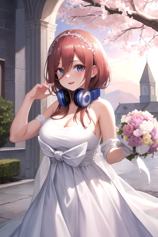 masterpiece, highest quality, High resolution, nm1, Headphones around the neck, Church,Cherry blossoms dance,With a gorgeous wedding dress and bouquet,
