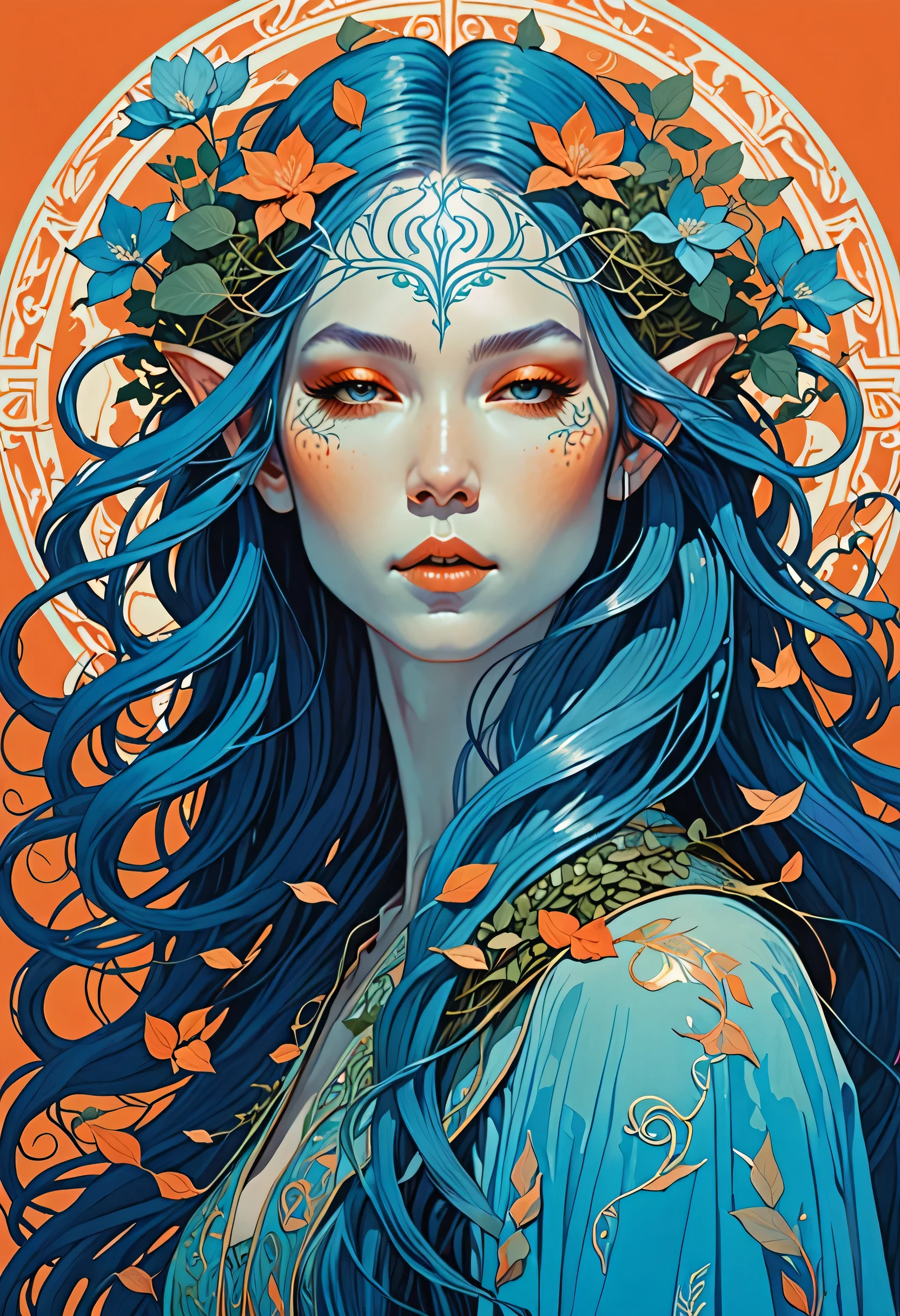 Beautiful cute frontal portrait of an elven god, Moving long hair, Herbs and blue pastel colors, Flower Orange by Victor Ngai, Kilian Eng, Dynamic Lighting, Digital art, art：James Jean, Takato Yamamoto, Inkpunk Minimalism, Floating Medusa Background