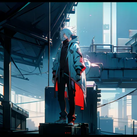 Boy, wearing cyberpunk hoodie, white hair, full body view, standing on top of a building