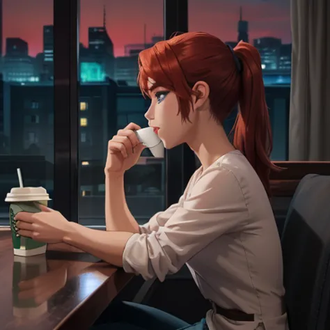 Girl with red hair Half Fishtail Ponytail one side of her ncek, sitting near thewindow, Starbucks, wall street view out of windo...