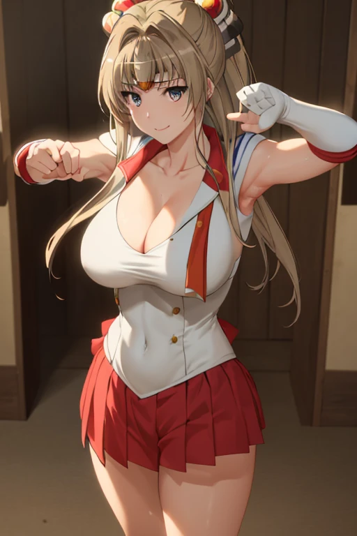 masterpiece, best quality, beautiful art, high resolution, well formed hands, body and fingers, 1 woman, solo, Sento Isuzu, blonde , big breasted, cleavage, full body, gorgeous legs and thighs, smile, sexy sailor senshi uniform, sailor collar, long elbow gloves, skirt lifted by the wind, white leotard peeking , she is fighting in a combat match at a martial arts tournament, she is getting ready to fight, making her guard pose, action and fighting scene, about to hit the viewer, looking at the viewer, sweating , feeling confident and proud, smiling joyfully and happily, charming her opponent with her beauty, fighting scene, martial arts tournament on the beach 