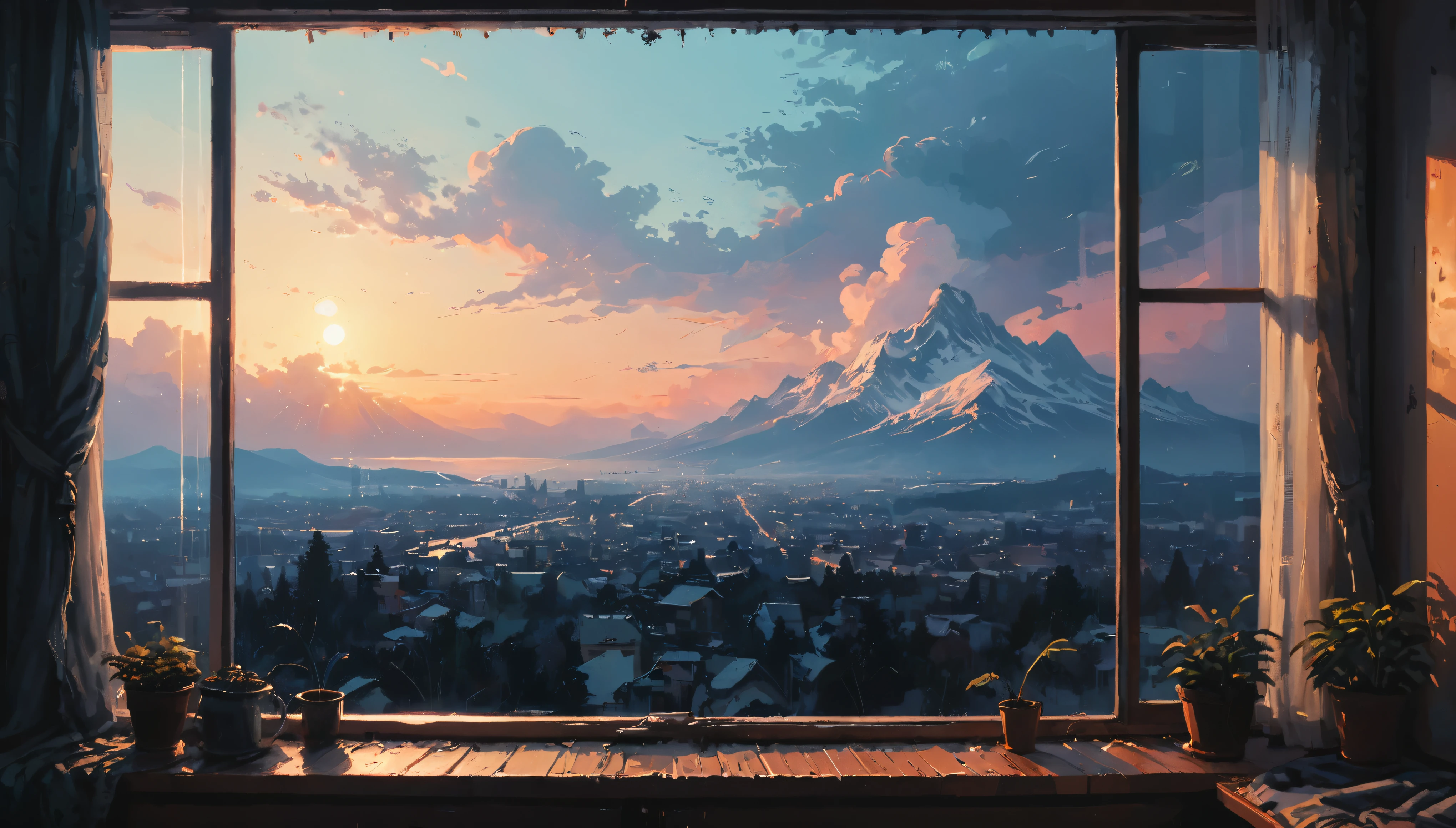 The View Outside the Window, by Alena Aenami, (masterpiece, best quality, perfect composition, very aesthetic, absurdres, ultra-detailed, intricate details, Professional, official art, Representative work:1.3)