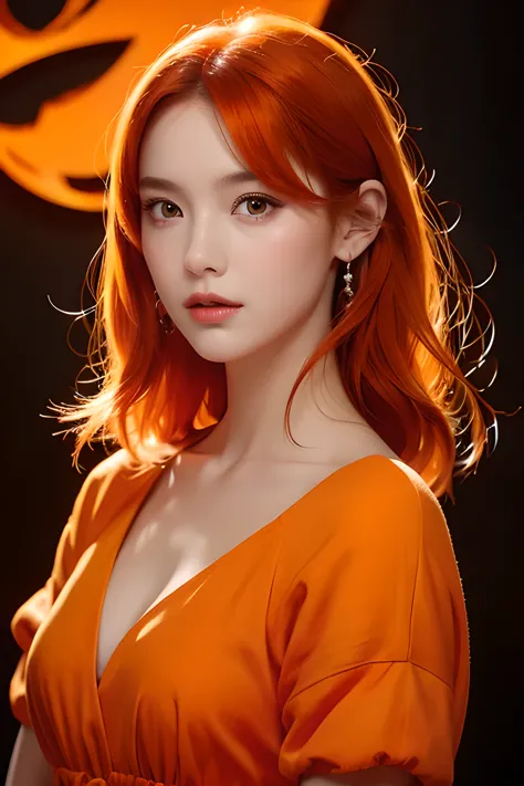 Girl with fiery orange hair, red eyes in a whimsical dress, Photography, With no particular art styles, The lens will be a 70mm,...