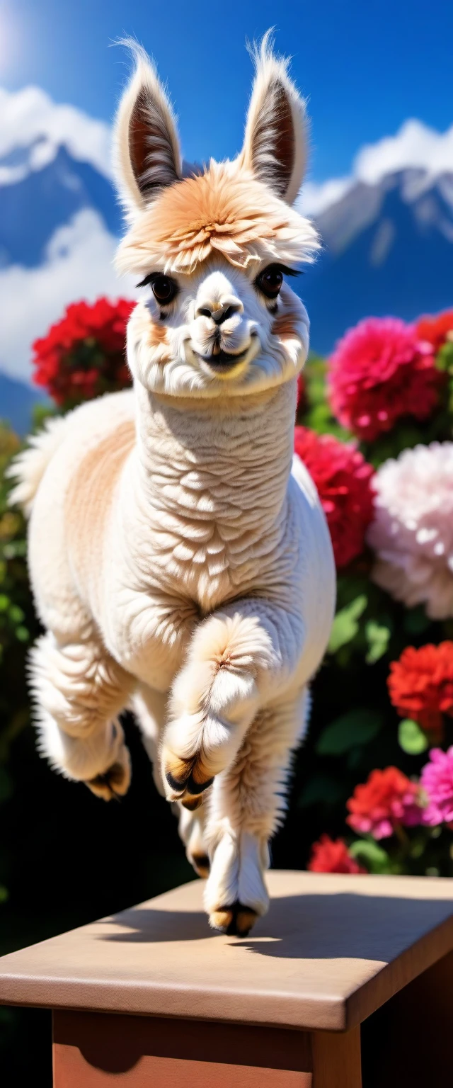 #quality(8k,wallpaper of extremely detailed CG unit, ​masterpiece,hight resolution,top-quality,top-quality real texture skin,hyper realisitic,increase the resolution,RAW photos,best qualtiy,highly detailed,the wallpaper,cinematic,golden ratio), BREAK ,solo,(1white alpaca is jumping extremely high in the sky at Andes:2.0),#1white alpaca(so small from far,beautiful white fur, very big smile,very happy smile,very best moment of the lifes,super long shot:2.0,realistic,beautiful eyeblow,beautiful eye,dynamic angle,dynamic pose,dribble,drool,salivate,jumping high:2.0,from side:2.0,from below), BREAK ,#background(andes,vivid color,beautiful sight,beautiful sky,sunshine,backlit,petal),(super long shot:2.0),(wide shot:2.0),from side,(landscape:1.6),(generate alpaca only one),(4 legs only:1.4)