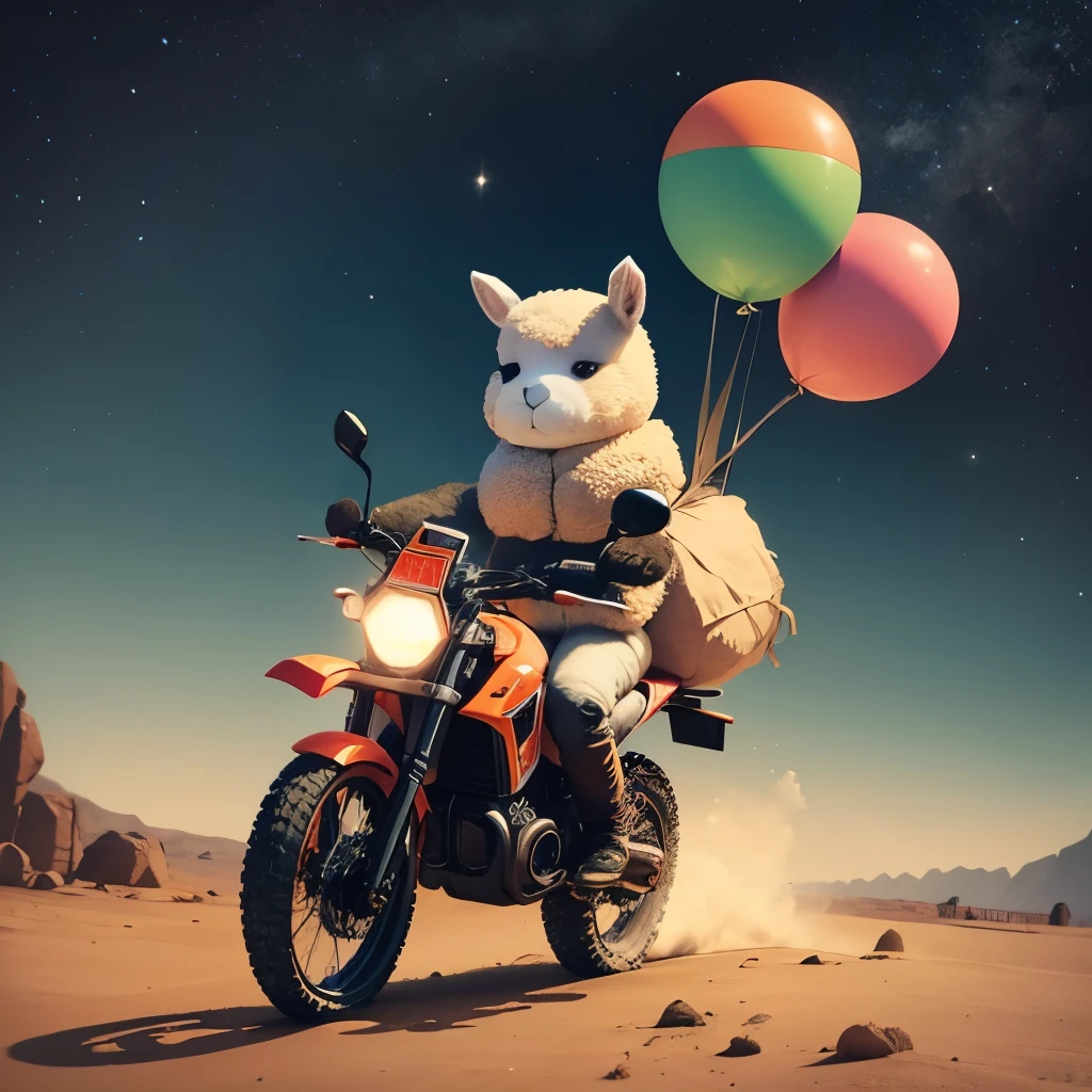 an alpaca-shaped pinata, driving a motorcycle on mars