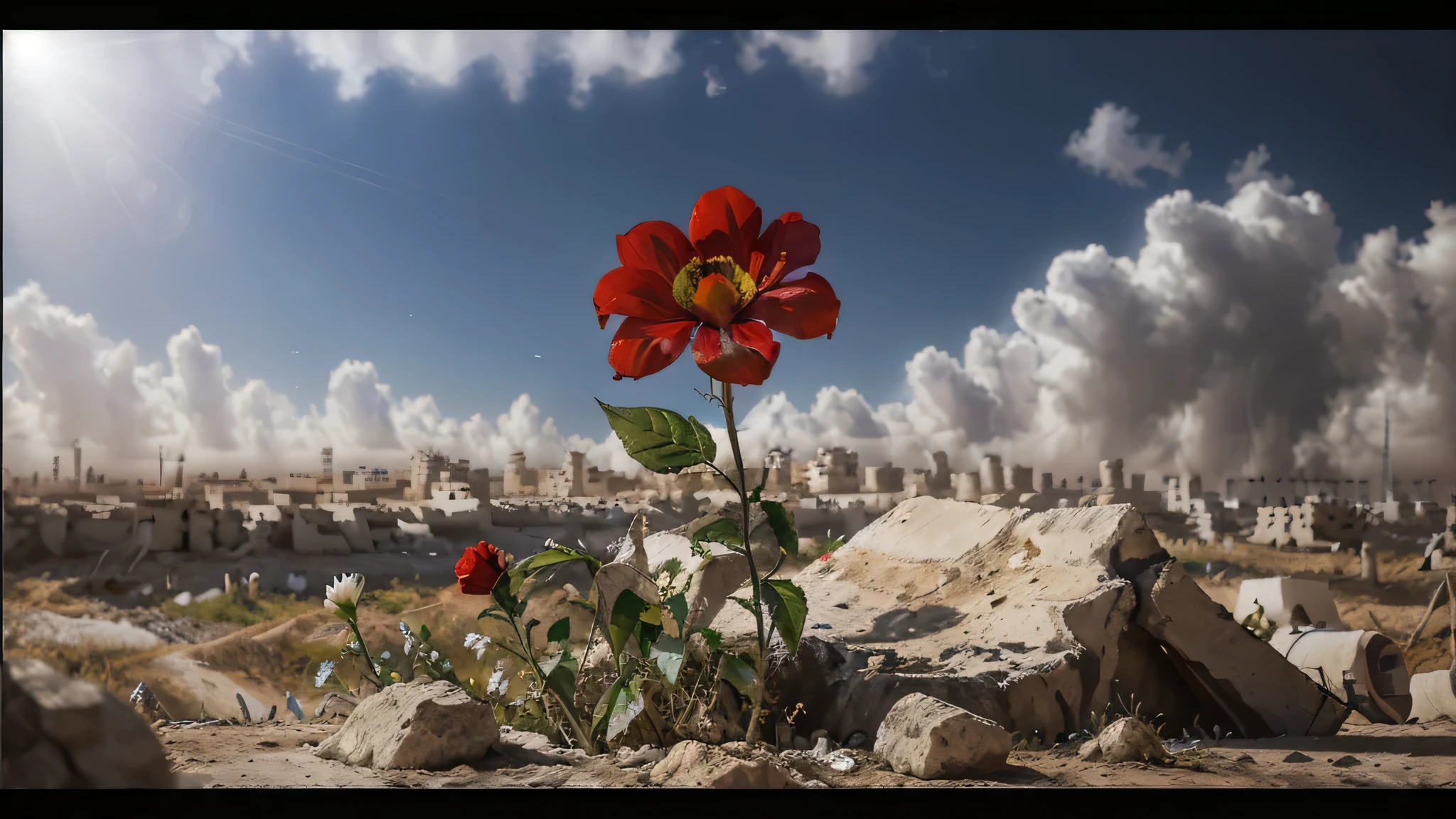 Red flower rising from blood and rubles in Gaza, with soft light, high resolution, ultra high quality