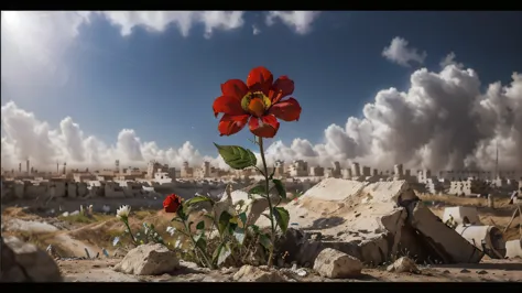 red flower rising from blood and rubles in gaza, with soft light, high resolution, ultra high quality