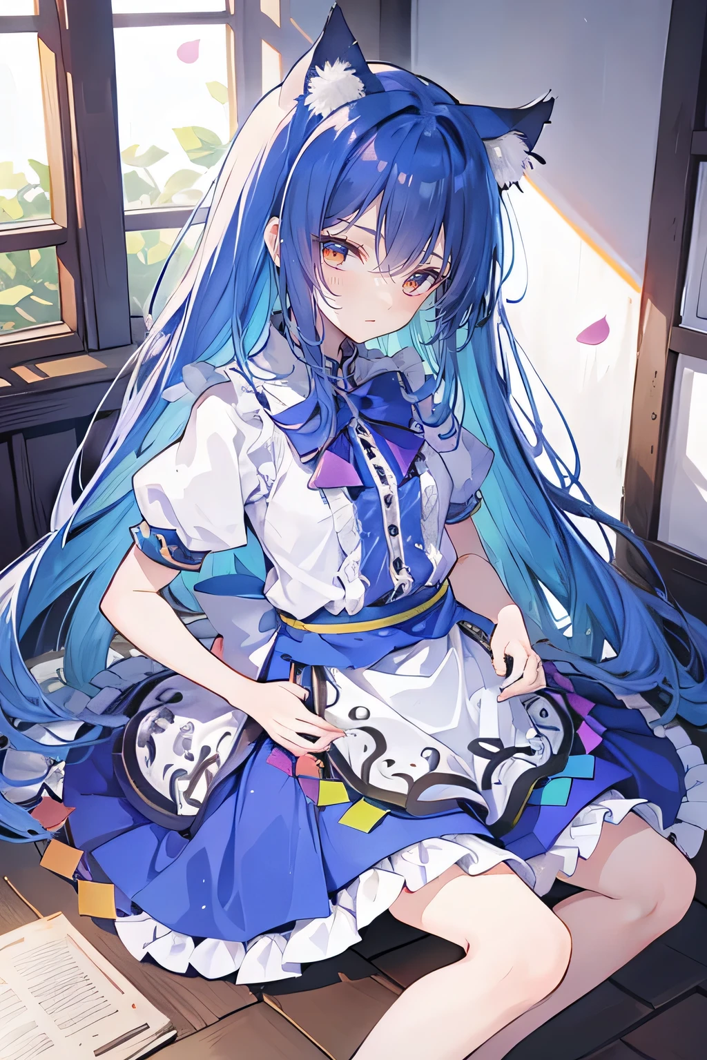 Anime girl with blue hair and blue dress sitting on a table - SeaArt AI