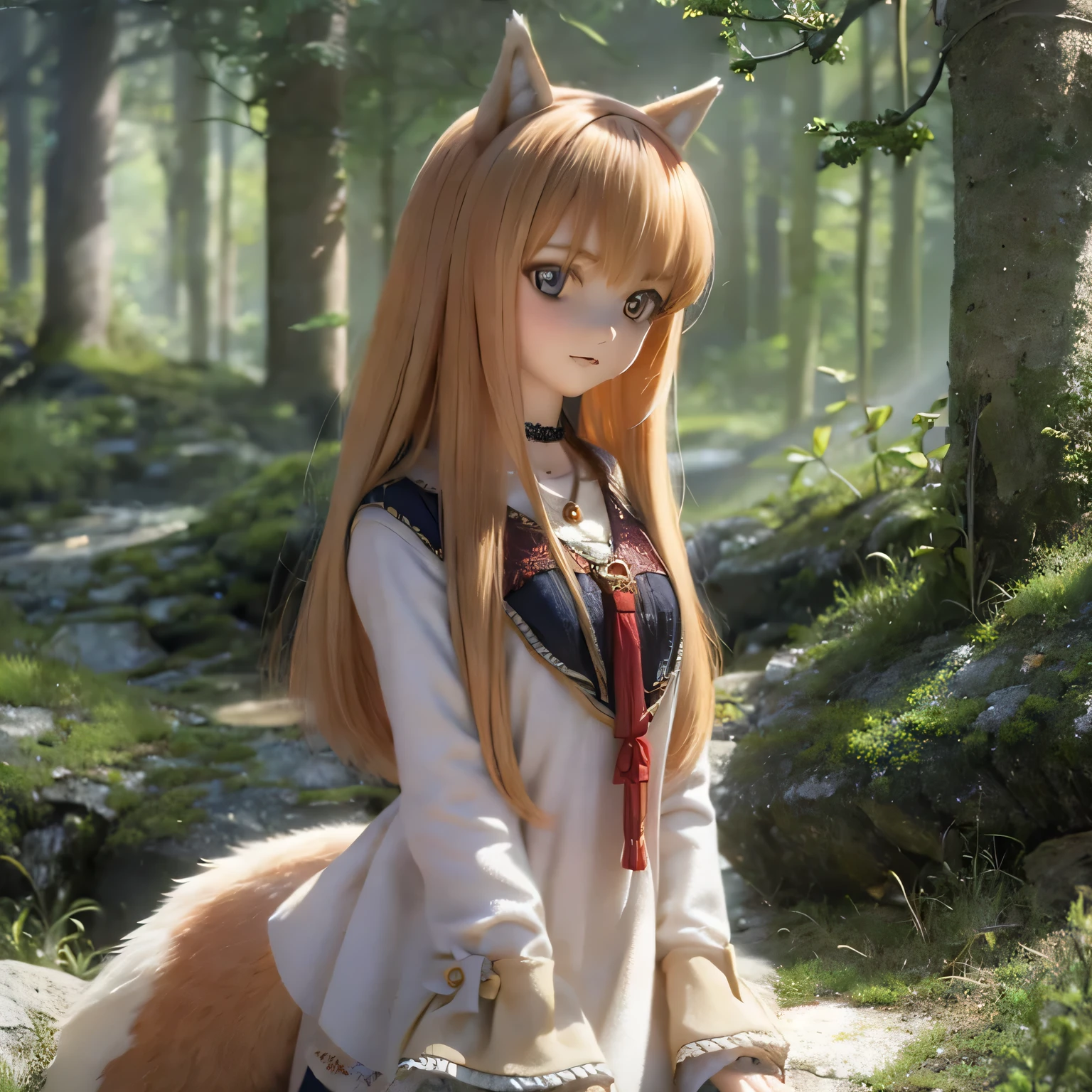 melhor qualidade,4K,8K,alta resolução,obra de arte:1.2,Ultra-detalhado,realista:1.37 (paisagem, fantasia),menina lobo ou Horo (do anime Spice e Wolf),Nudez,lindos olhos detalhados,lindos lábios detalhados,cílios longos,orelhas pontudas de lobo,cabelo longo e esvoaçante,vestido esvoaçante,de pé em uma floresta serena cercada por árvores,cenário crepuscular,luz solar filtrada pelas folhas,atmosfera enevoada,majestosas montanhas ao longe,paleta de cores suaves com tons quentes,luz do sol dourada banhando a cena,sombras sutis e realces para aumentar a profundidade,iluminação etérea,efeito bokeh sutil para criar uma atmosfera de sonho