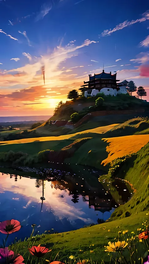 Fortified、floating island floating in the sky。Above the grassland。Sunset sky。Dynamic Clouds。