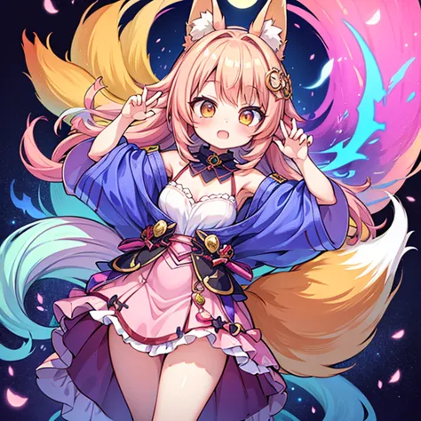 masterpiece、A girl who turned into a fox、Fox ears and tail and paws、dance、cute、psychedelic