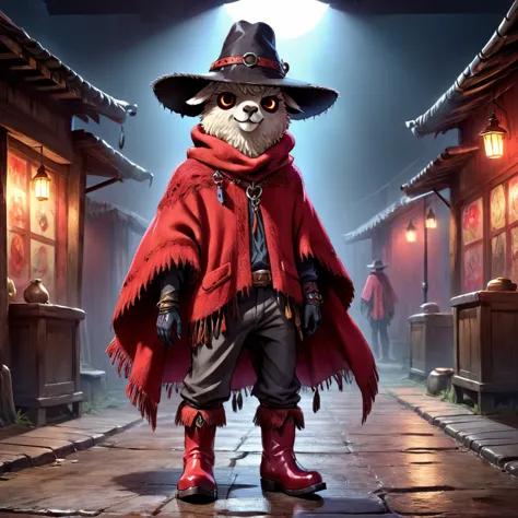 anime cartoon anthropomorphic alpaca gaucho, hat, red poncho, boots, dangerous one-eyed shaggy scary, scars on the muzzle, sinis...