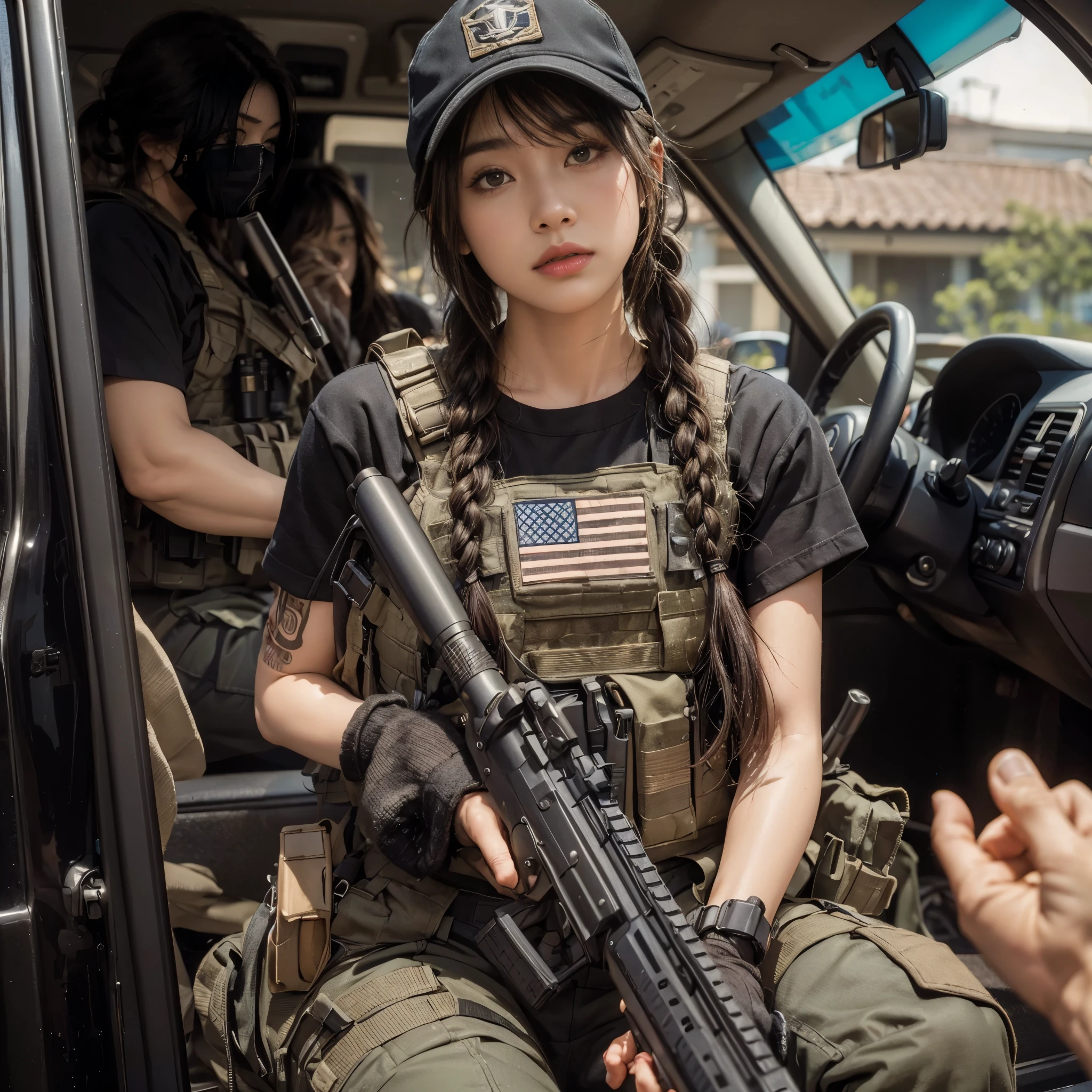 (best quality,8k,photorealistic:1.37),realistic skin texture,beautiful Japanese American Navy SEALs female member,automatic rifle,breaching team,faces,front of a personnel transport van,cap,braids,military pants,boots,tattoo,black T-shirt,body armor,looking through the window of a car from the outside,talking to the driver,toned physique,interesting composition