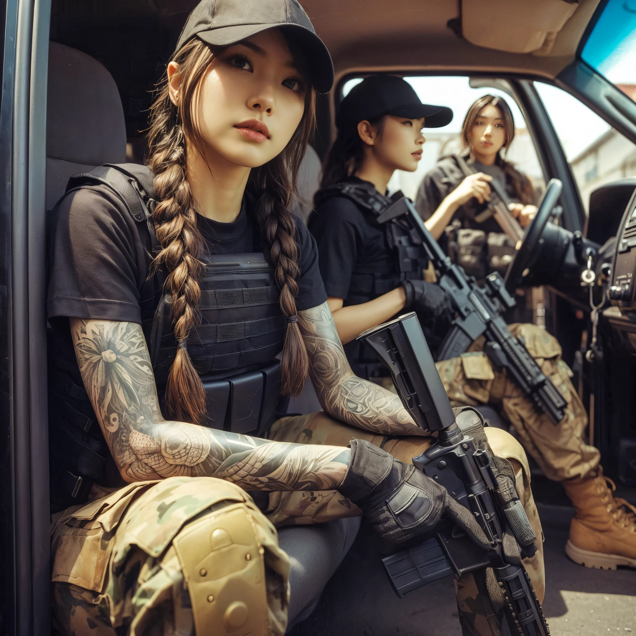 (best quality,8k,photorealistic:1.37),realistic skin texture,beautiful Japanese American Navy SEALs female member,automatic rifle,breaching team,faces,front of a personnel transport van,cap,braids,military pants,boots,tattoo,black T-shirt,body armor,looking through the window of a car from the outside,talking to the driver,toned physique,interesting composition