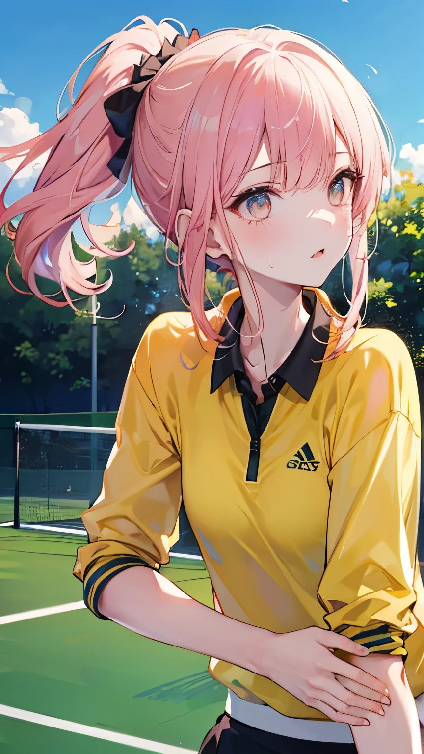 (((Best quality, 8k, Masterpiece: 1.3)), ((best quality)), ((masterpiece)), (detailed), perfect face, Professional tennis player, She served an ace to win the game, Wimbledon Championship, tennis court, racket, glowing sweat, sunny sky, side ponytail