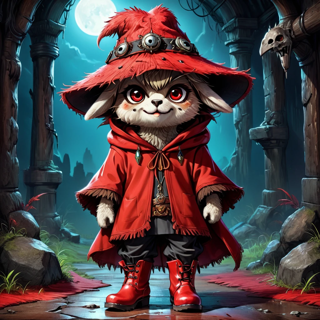 Anime cartoon alpaca Gaucho, hat, red poncho, boots, dangerous one-eyed shaggy scary, scars on the muzzle, sinister smile, cinematic, dramatic lighting., ultra HD, vivid colors, high detail, pen and ink style, perfect composition, high quality, neon ambiance, abstract black oil textures, , detailed acrylic. rendered in Unreal Engine for a photorealistic ,High Quality, Masterpiece. best quality, super detail