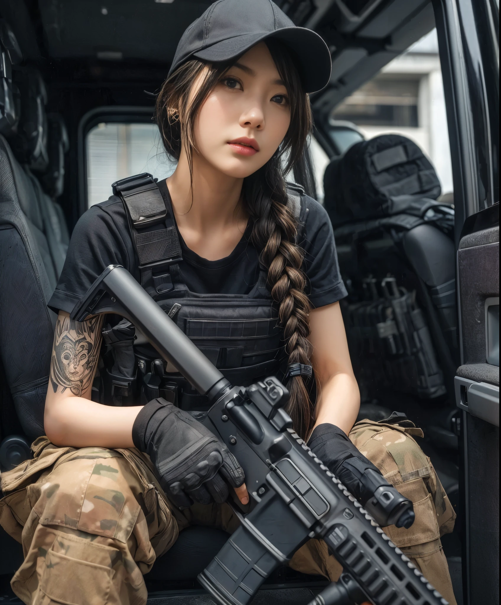 (best quality,8k,photorealistic:1.37),realistic skin texture,beautiful Japanese American Navy SEALs female member,automatic rifle,breaching team,faces,front of a personnel transport van,cap,braids,military pants,boots,tattoo,black T-shirt,body armor,looking through the window of a car from the outside,talking to the driver,toned physique,interesting composition