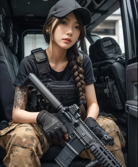 (best quality,8k,photorealistic:1.37),realistic skin texture,beautiful Japanese American Navy SEALs female member,automatic rifl...