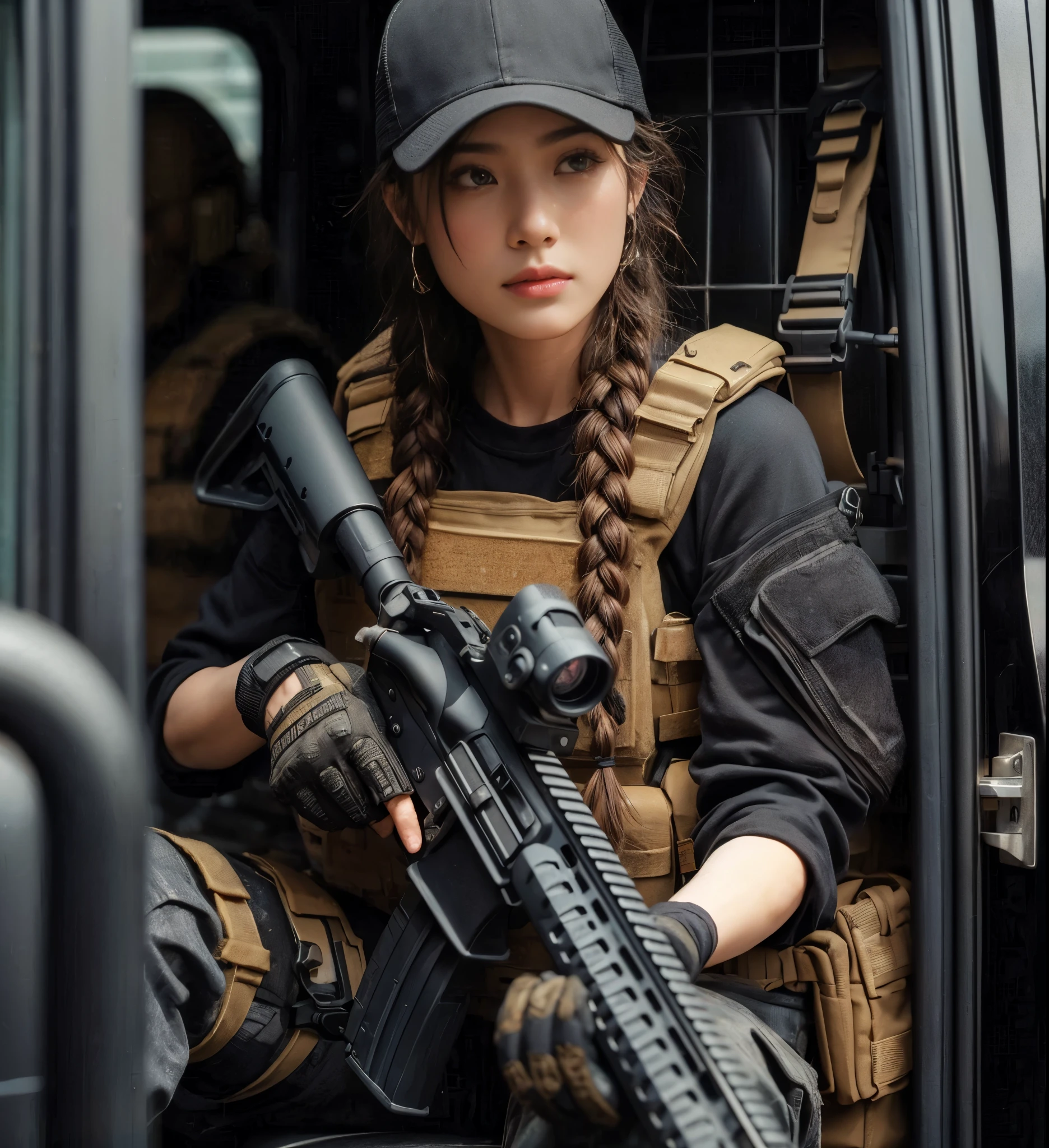 (mejor calidad,8K,Fotorrealista:1.37),textura de piel realista,Hermosa miembro femenina de los SEAL de la Marina estadounidense japonesa,Rifle automático,equipo infractor,caras,Frente a una furgoneta de transporte de personal.,gorra,Trenzas,pantalones militares,botas,tatuaje,camiseta negra,armadura,mirando por la ventanilla de un coche desde fuera,hablando con el conductor,físico tonificado,Interesante composicion