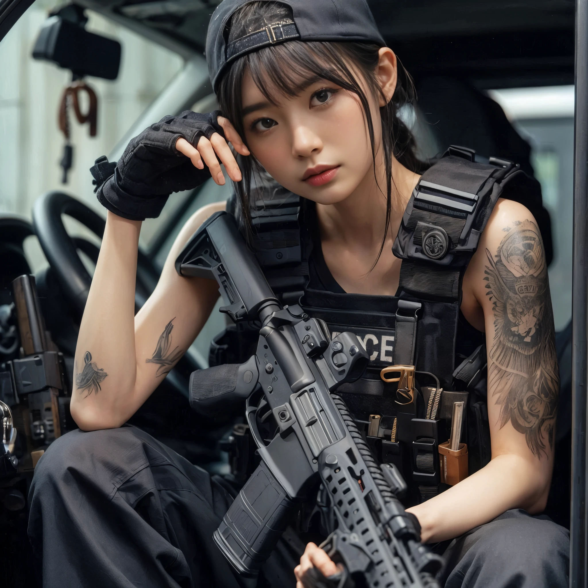 (best quality,8k,photorealistic:1.37),realistic skin texture,beautiful Japanese American Navy SEALs female member,automatic rifle,breaching team,faces,front of a personnel transport van,cap,braids,military pants,boots,tattoo,black T-shirt,body armor,looking through the window of a car from the outside,talking to the driver,toned physique,interesting composition
