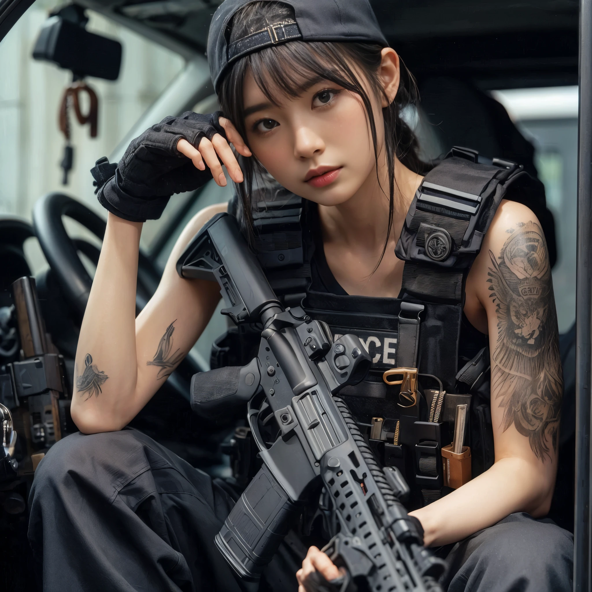 (Meilleure qualité,8k,Photoréaliste:1.37),texture de peau réaliste,belle membre féminine des Navy SEALs japonais-américains,fusil automatique,équipe de brèche,visages,devant une camionnette de transport de personnel,Casquette,Tresses,pantalon militaire,bottes,Tatouage,T-shirt noir,gilet pare-balles,regarder par la fenêtre d&#39;une voiture de l&#39;extérieur,parler au chauffeur,physique tonique,composition intéressante