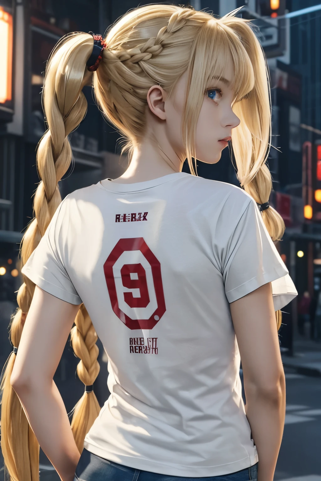 Optimal，masterpiece，High resolution，highest quality，Hyper HD，Very detailed，Award-winning，16k，alone，（Upper Body），Correct Anatomy，Beautiful Cyberpunk Girl，Cowboy Shot、Cute face，，blonde、Long Hair、Twin tails、Braid, Hairline，（（Scarlet Eyes）），Long eyelashes，Drooping eyelids，White skin，((Shooting from behind)), ((T-Shirts:1.5)), clock top、((Transparent nipples))、rocket , (big breasts),