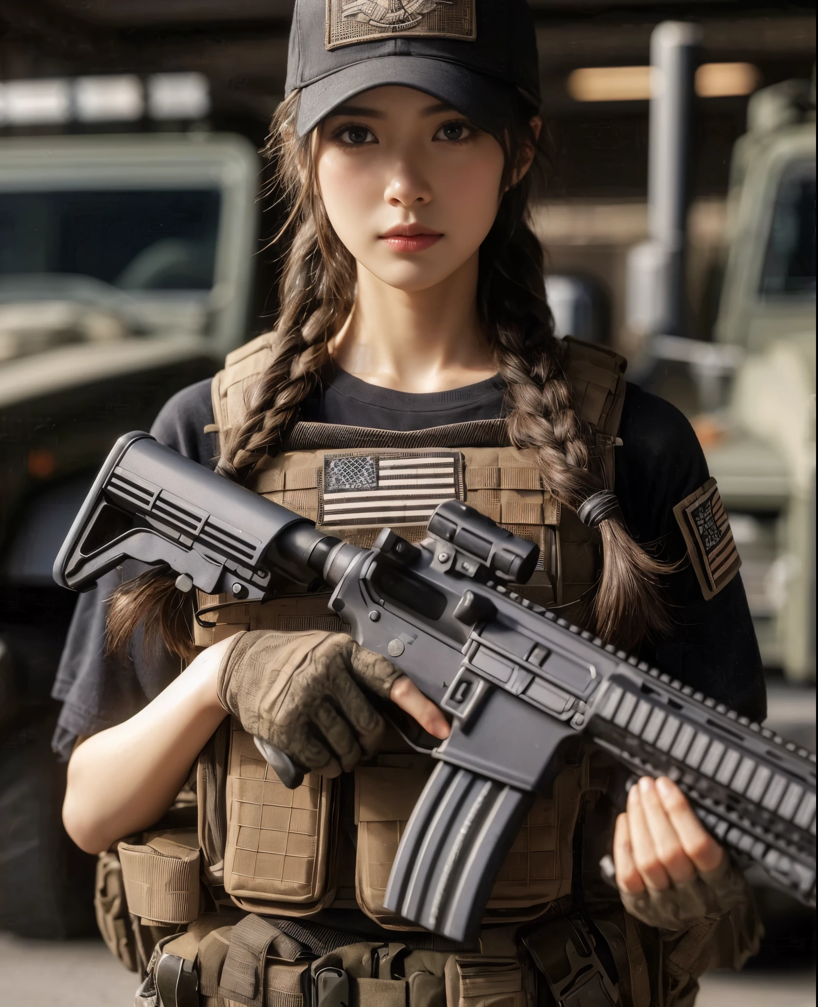 (Meilleure qualité,8k,Photoréaliste:1.37),texture de peau réaliste,belle membre féminine des Navy SEALs japonais-américains,fusil automatique,équipe de brèche,visages,devant une camionnette de transport de personnel,Casquette,Tresses,pantalon militaire,bottes,Tatouage,T-shirt noir,gilet pare-balles,regarder par la fenêtre d&#39;une voiture de l&#39;extérieur,parler au chauffeur,physique tonique,composition intéressante