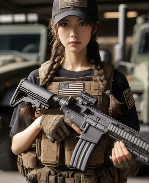 (best quality,8k,photorealistic:1.37),realistic skin texture,beautiful Japanese American Navy SEALs female member,automatic rifl...