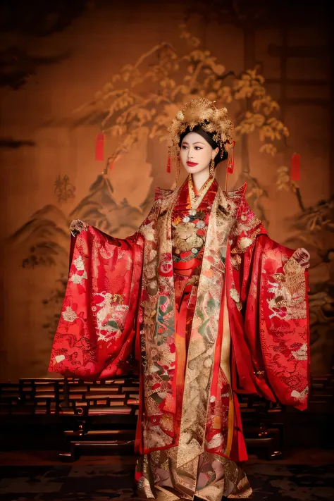 wearing a red and gold dress、arafad woman wearing a golden crown, queen of china, wearing ancient chinese clothes, ancient chine...