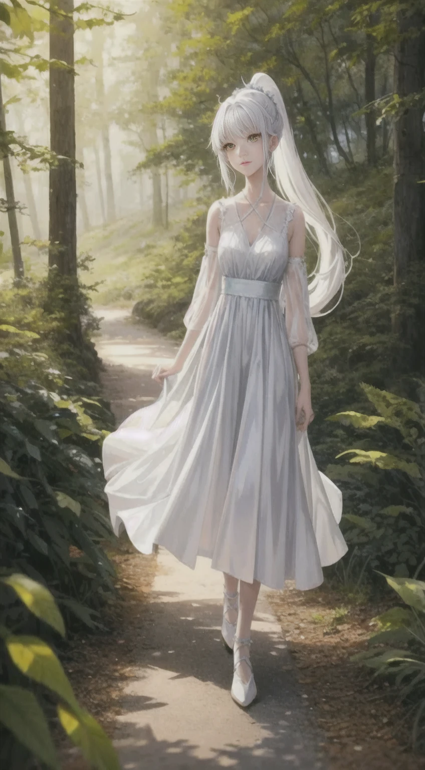 anime girl in a dress walking down a path in the woods, cute anime waifu in a nice dress, white dress!! of silver hair, beautiful anime girl, wearing a flowing dress, anime goddess, beautiful anime style, beautiful anime woman, fantasy dress, anime in fantasy style, ancient white dress, beautiful fantasy anime, fantasy art style, ethereal anime, flowing dress