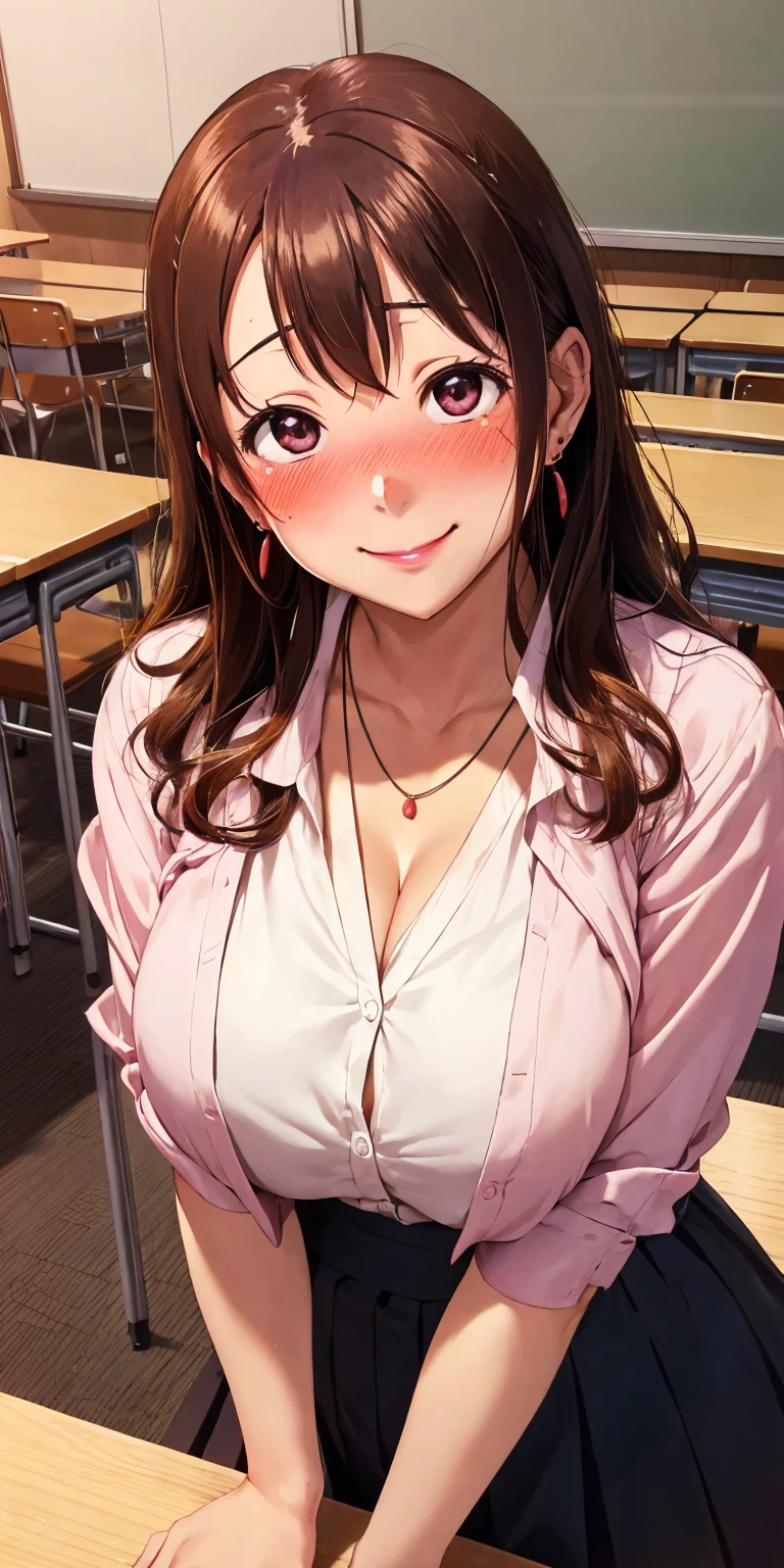 Kousaka Honoka, seios grandes, decote, desabotoado , saia, Estão de pé, sorriso, (rubor:1.3), Plano de fundo da sala de aula, Sente-se à mesa, (lançar), olhos brilhantes, colar, Brincos