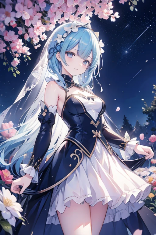 anime girl walking in a garden of flowers with a beautiful starry night in the sky with hearts floating around the picture, ((4k, masterpiece, top-quality)),8k, best quality, high resolution, HD, unity 8k wallpaper, (illustration:0.8), (beautiful detailed eyes:1.6), extremely detailed face, perfect lighting, extremely detailed CG, (perfect hands, perfect anatomy), super complex details, garden of flowers, lots of flowers, sky, starry night, stars, intricate details, anime, 2d, 1girl, solo, (satella_rezero), veil, cowboy shot, standing, smile, fantasy world