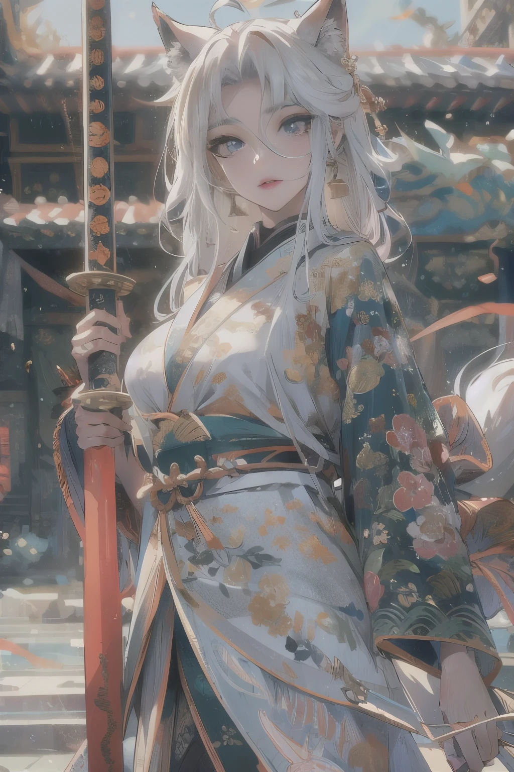 A wolf girl, age 20, wolf girl, standing, looking to the viewer white long hair, sandals ,samurai captain,beautiful detailed eyes,beautiful detailed lips,extremely detailed eyes and face,longeyelashes,(best quality,4k,8k,highres,masterpiece:1.2),ultra-detailed, extreme detail description,professional, bokeh,portraits, anime,sci-fi,photography,concept artists,colorful palette,gentle sunlight, fullbody shot, holding a katana