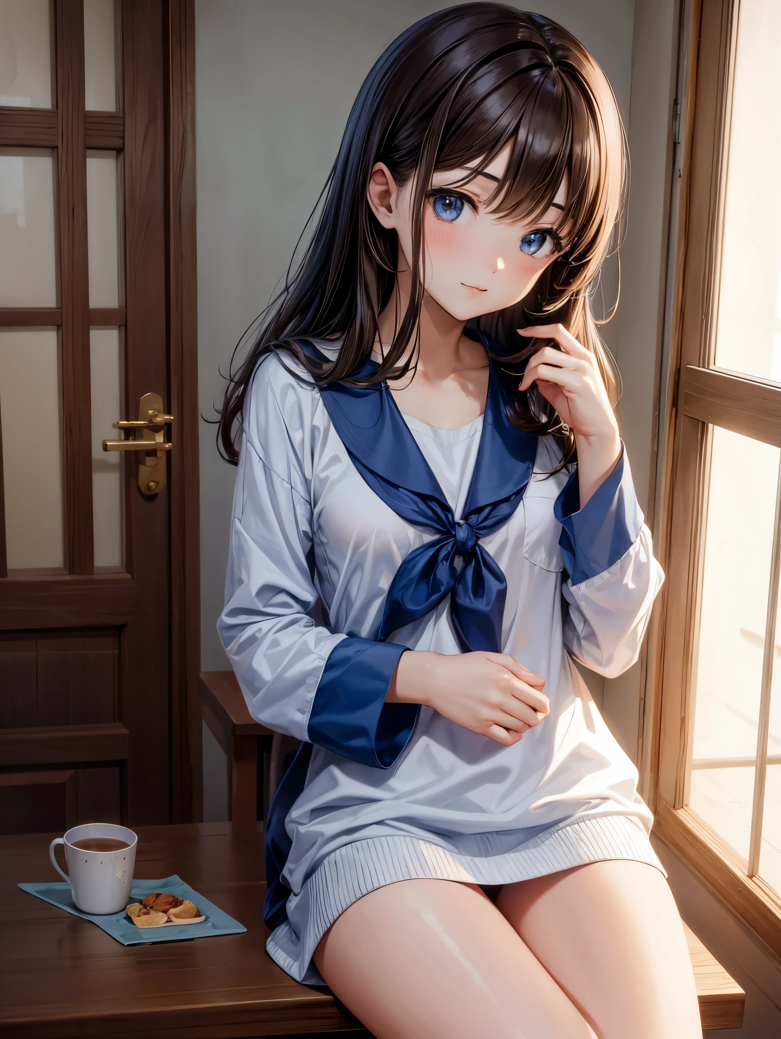 Anime girl sitting on a table with a cup of coffee - SeaArt AI