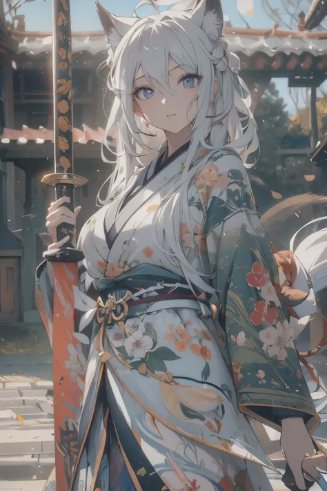 a wolf girl, age 20, wolf girl, standing, looking to the viewer white long hair, sandals ,samurai captain,beautiful detailed eye...