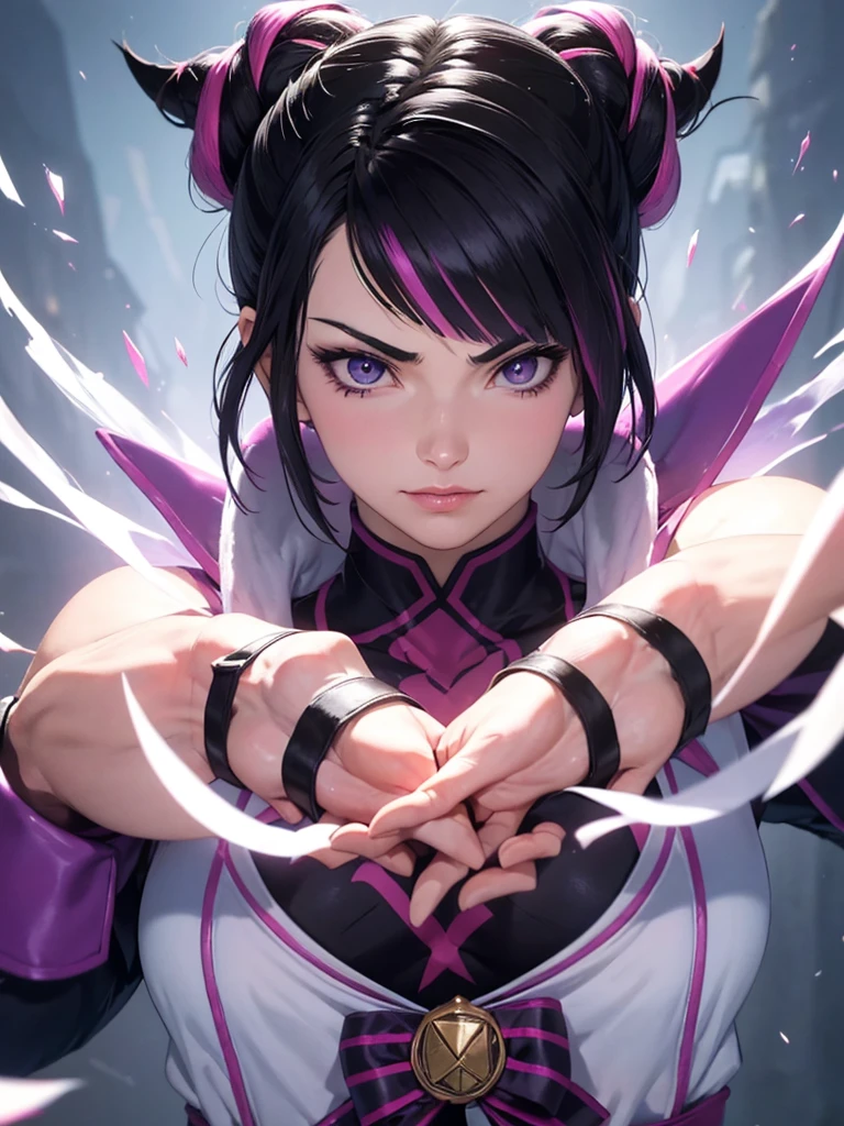 Juri Han, street fighter(master part, best quality, ultra-detalhado, Melhor sombra), (Antecedentes detalhados, Olhando para o Viewer, Serious, irritado), Rosto detalhado, (best ilumination), ((Cinematic light)), colorido, hiper detalhe, dramatic light, detalhes intrincados