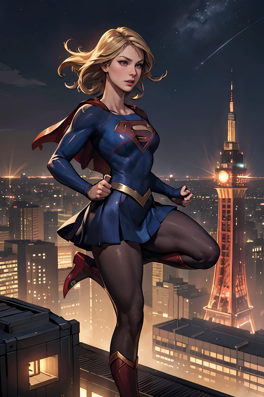 ((highest quality)), ((masterpiece)), (be familiar with), (High definition), (Realistic), (Realistic), (Best Shadow), Low contrast, (Complex:1.4), Side lighting, 8K, ((melissa Benoist)), ((SUPER GIRL)), Perfect Face、Detailed、(Accurate hand and finger depiction)、supergirl women、Blonde、Voluptuous body、big breasts、Narrow waist、Big Ass、Alluring、glamorous、((doing a high kick:1.4))、Tokyo Tower、Night view