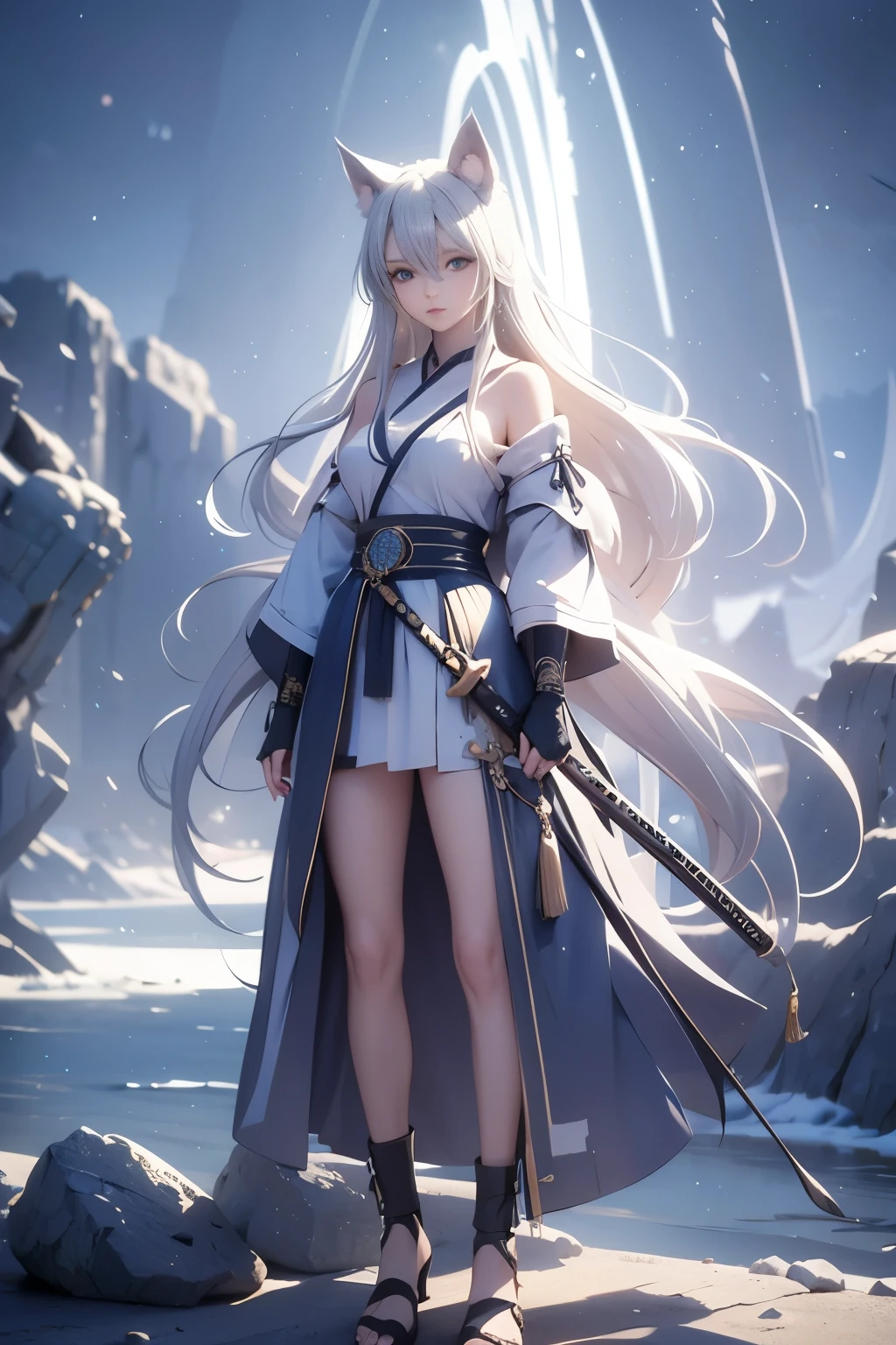 A wolf girl, age 20, wolf girl, standing, looking to the viewer white long hair,  sandals ,samurai captain,beautiful detailed eyes,beautiful detailed lips,extremely detailed eyes and face,longeyelashes,(best quality,4k,8k,highres,masterpiece:1.2),ultra-detailed, extreme detail description,professional, bokeh,portraits, anime,sci-fi,photography,concept artists,colorful palette,gentle sunlight, fullbody shot, holding a katana 