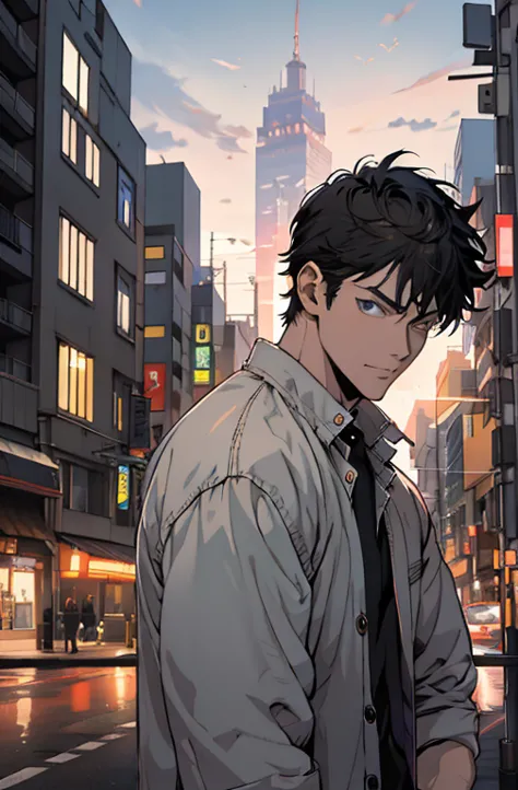 Anime man on the street of the city with the cityscape in the background, Anime portrait of a handsome man, handsome guy in demo...
