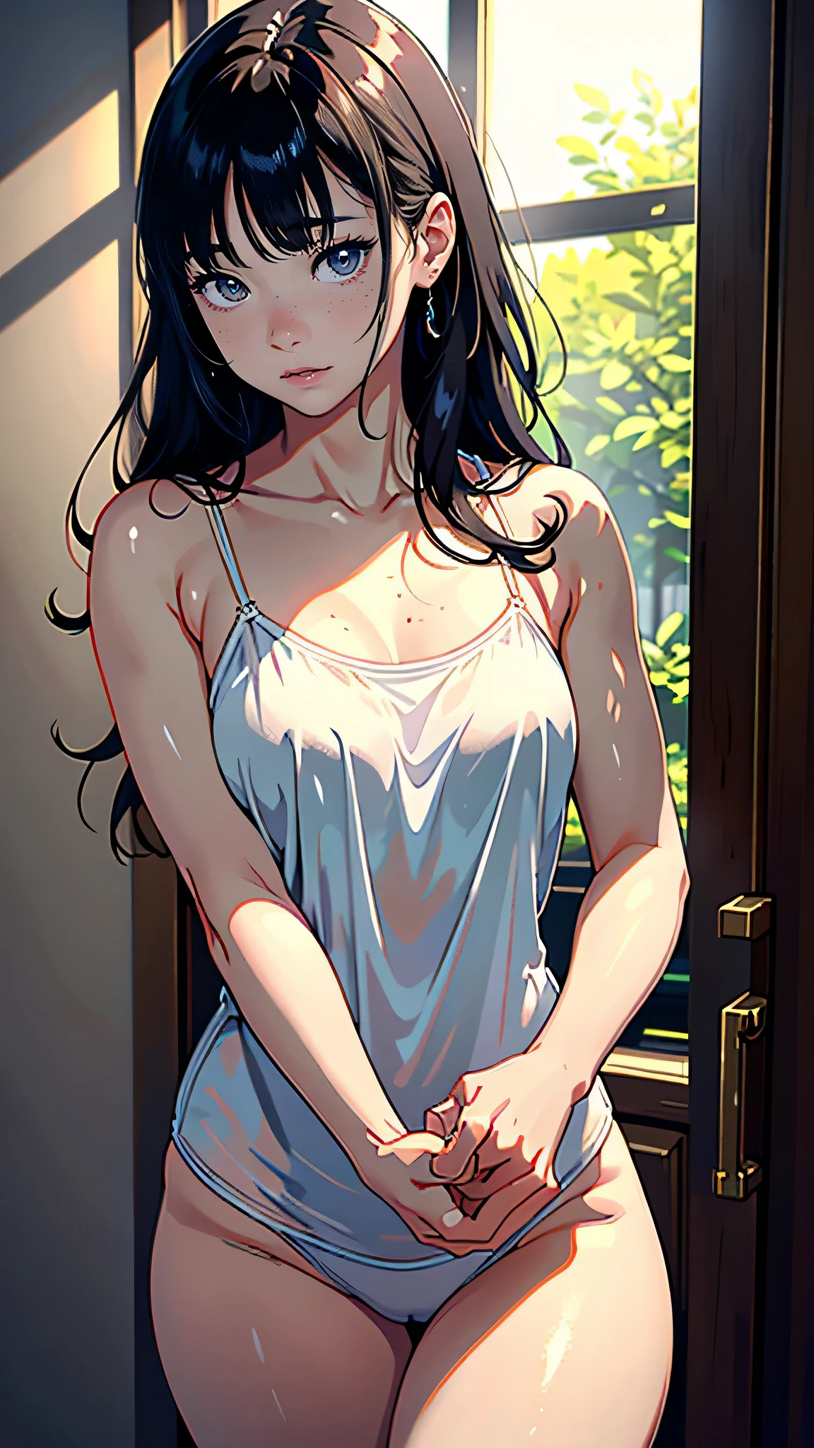 masterpiece, highest quality, (Highly detailed CG Unity 8k wallpaper), (highest quality), (Best illustrations), (Best Shadow), Confused, Realistic lighting, (abyss), Beautiful and delicate shine,Random Pause,((camisole)),Cute freckles on the cheeks,Mole under left eye, Sunburn mark, Japanese Model,  Young sensual gravure idol, yasumoto oka, A real young gravure idol, 