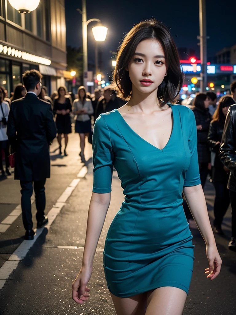 ((Realistic lighting, Best quality, 8K, Masterpiece: 1.3)), Focus: 1.2, 1girl, Perfect Body Beauty: 1.4, Slim Abs: 1.1, ((Dark Brown Hair)), (Aqua Dress: 1.4), (Outdoor, Night: 1.1), City Street, Super Fine Face, Fine Eyes, Double Eyelids,