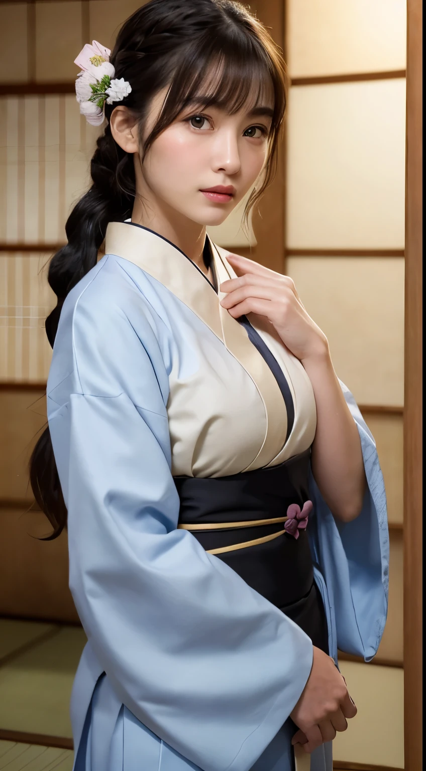 (Woman with Japan long bow:1.4)、1 girl,Black hair, long bangs、Braided hair、Messy Hair、Light brown eyes、(Extraordinary beauty)、(Dignified look)、(Similarly:1.4)、(Big Breasts:1.4)、dojo、(Photorealistic)、(Intricate details:1.2)、(masterpiece、:1.3)、(highest quality:1.4)、(超A high resolution:1.2)、超A high resolution、(Detailed eyes)、(Detailed facial features)、Peony Japanese Kimono、12 people:1.8)