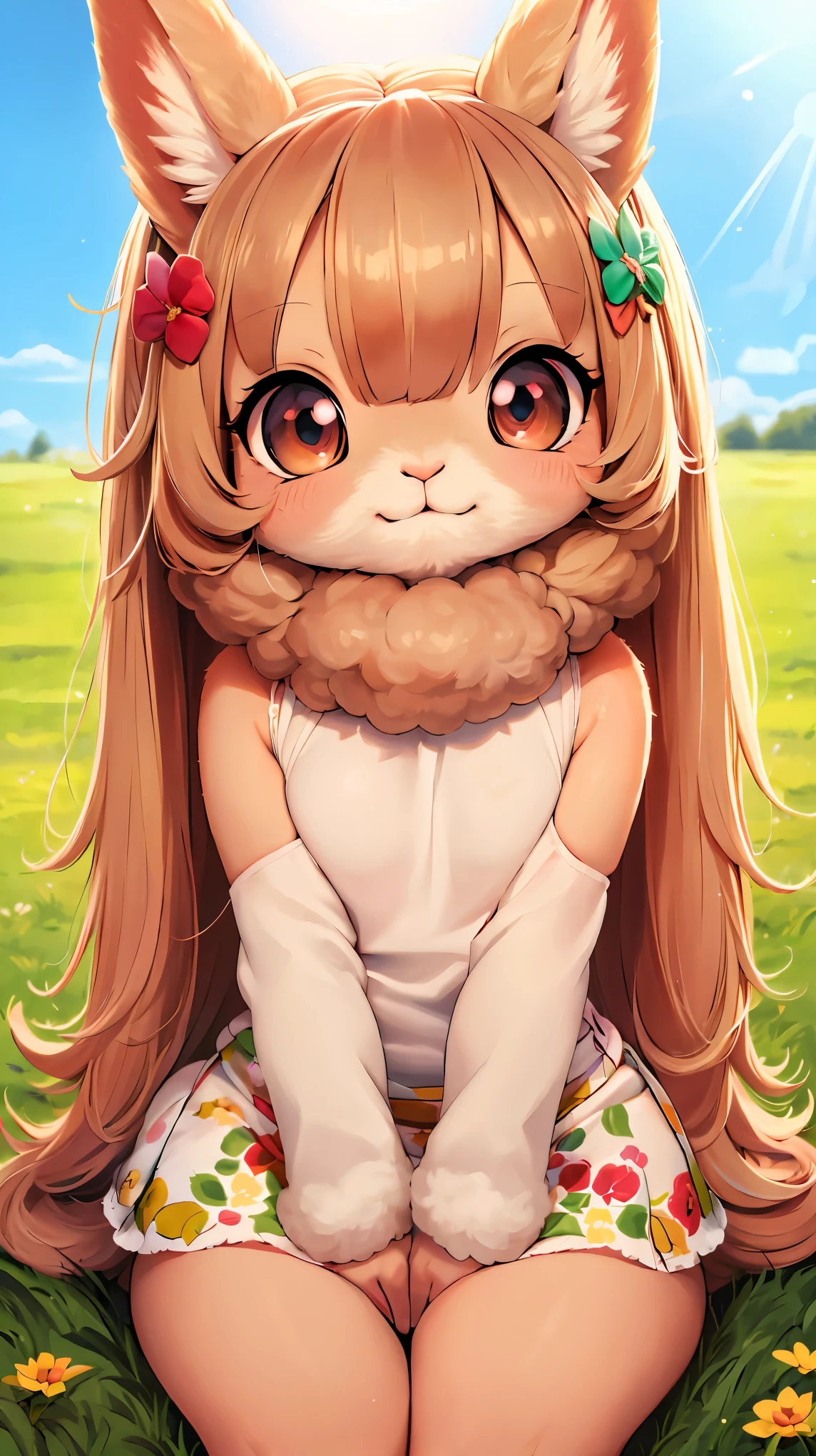 ((Alpaca looking at you)), ((One Alpaca:1.2)), (Chibi:1.6), animal, hairy, fluffy:1.1, friendly:1.1, cute, Adorable, Brown, curious look:1.1, Big eyes:1.1, Sharp Eyes, soft fur, Green grass on background, Peaceful environment, beautiful sunny day, High resolution, Realistic:1.37, Bright colors, Bokeh, Portrait, ((Bust up shot)), harmonious color palette, Natural light.