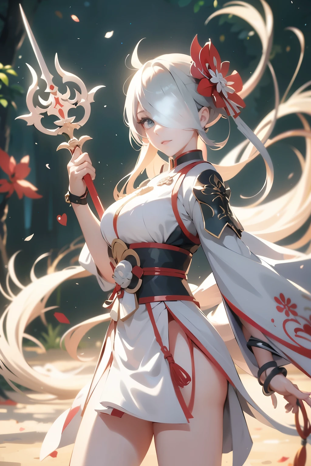 a woman in a white and red outfit holding a sword, detailed anime character art, female anime character, white haired deity, anime character art, onmyoji, ayaka genshin impact, holding a sword on her shoulder, onmyoji detailed art, keqing from genshin impact, onmyoji portrait, from arknights, detailed digital anime art, power instance, ready, fullbody view